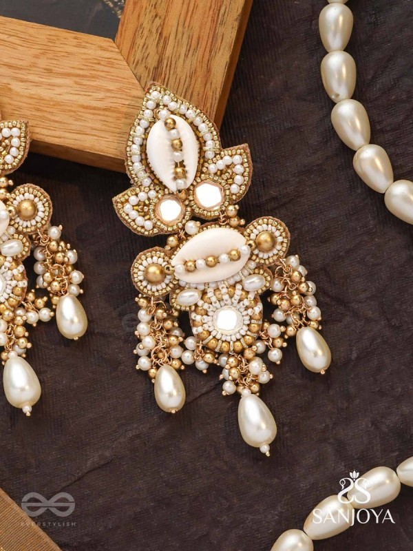 Savitra - Frosty Lily - Beads, Shells And Pearl Drops Hand Embroidered Earrings