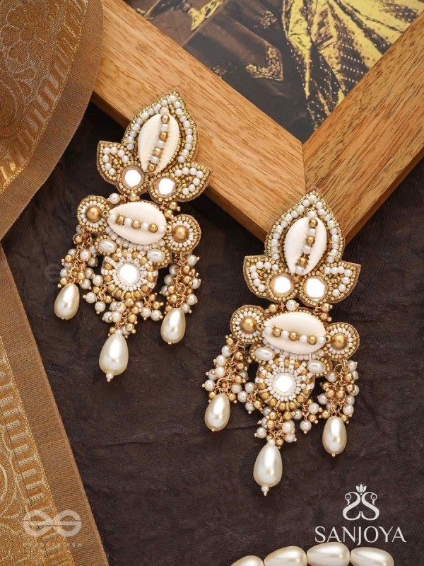 Savitra - Frosty Lily - Beads, Shells And Pearl Drops Hand Embroidered Earrings