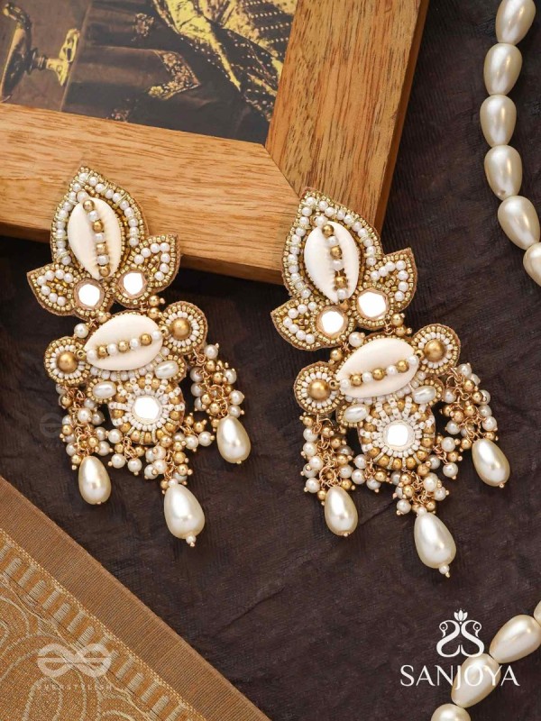 Savitra - Frosty Lily - Beads, Shells And Pearl Drops Hand Embroidered Earrings