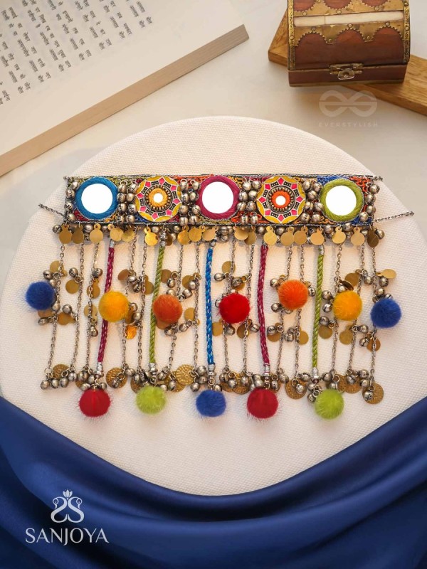 Varnaih - The Shades Of Life - Mirror, Beads And Coins Hand Embroidered Oxidised Neckpiece