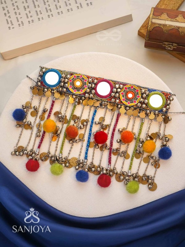 Varnaih - The Shades Of Life - Mirror, Beads And Coins Hand Embroidered Oxidised Neckpiece