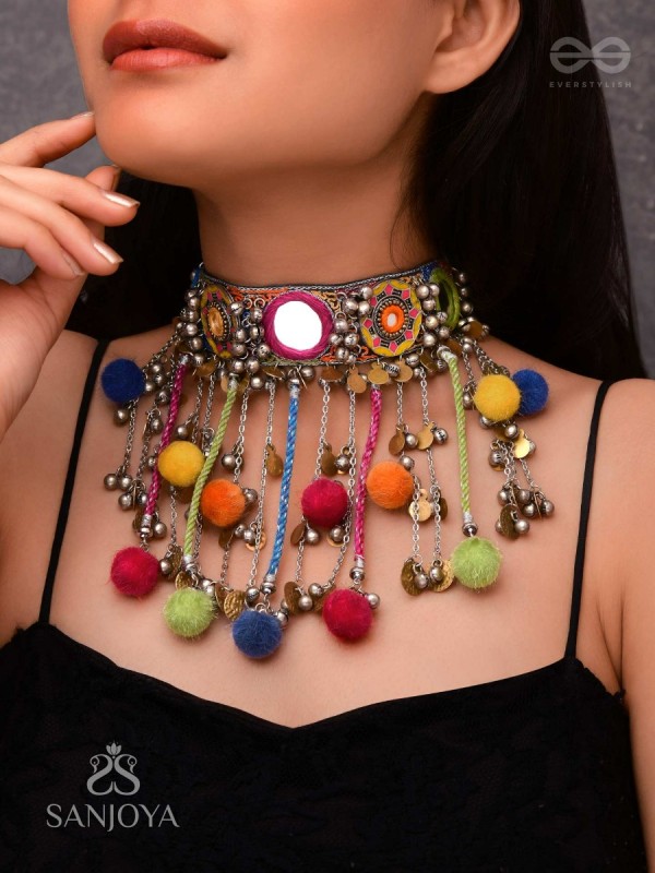 Varnaih - The Shades Of Life - Mirror, Beads And Coins Hand Embroidered Oxidised Neckpiece