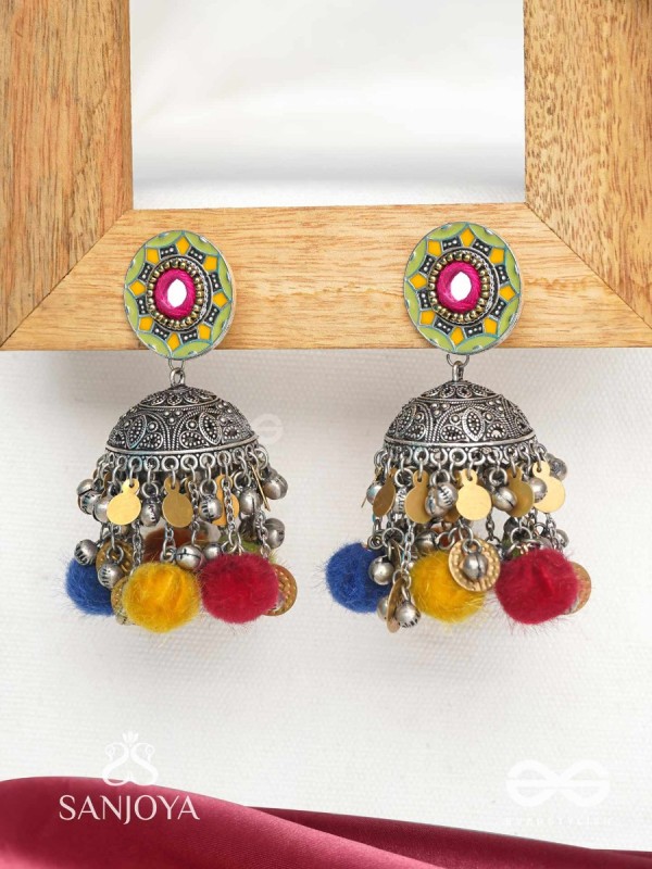 Asusama - Hues Of Happiness - Mirror And Coins Hand Embroidered Oxidised Jhumka Earrings