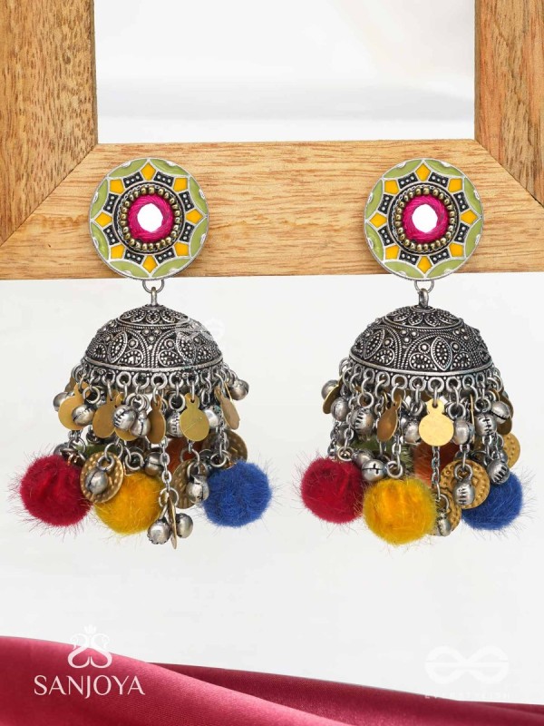 Asusama - Hues Of Happiness - Mirror And Coins Hand Embroidered Oxidised Jhumka Earrings