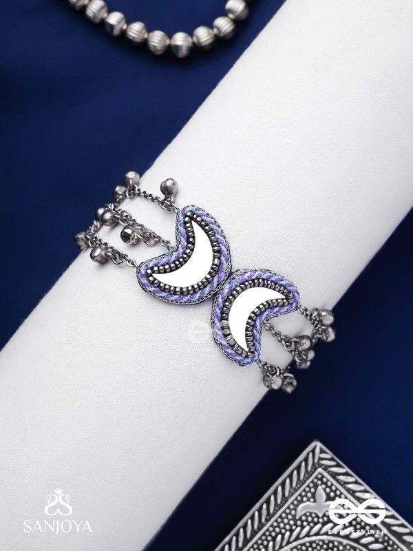 Chandrasalokya - The Lunar Twins - Mirrors, Resham And Beads Hand Embroidered Oxidised Bracelet