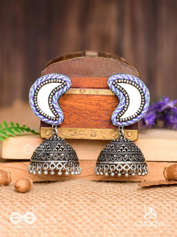 Shashikhand - The Crescent Reflectors - Mirror, Resham And Beads Hand Embroidered Oxidised Jhumka Earrings