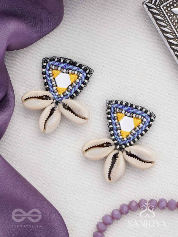 Kapardin - The Shells Trio - Mirror, Resham And Shells Hand Embroidered Earrings