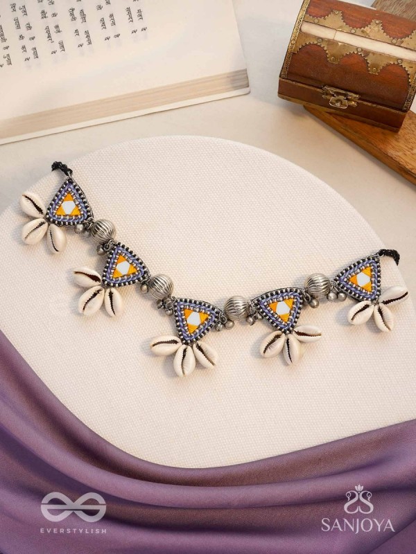 Shanakhya - The Prismy Shells - Mirrors, Shells, Resham And Beads Hand Embroidered Oxidised Choker Neckpiece