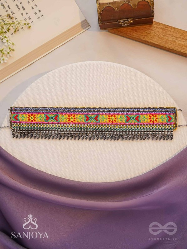 Aatpavat - The Sunlit Field - Resham And Beads Hand Embroidered Oxidised Lace Choker Neckpiece