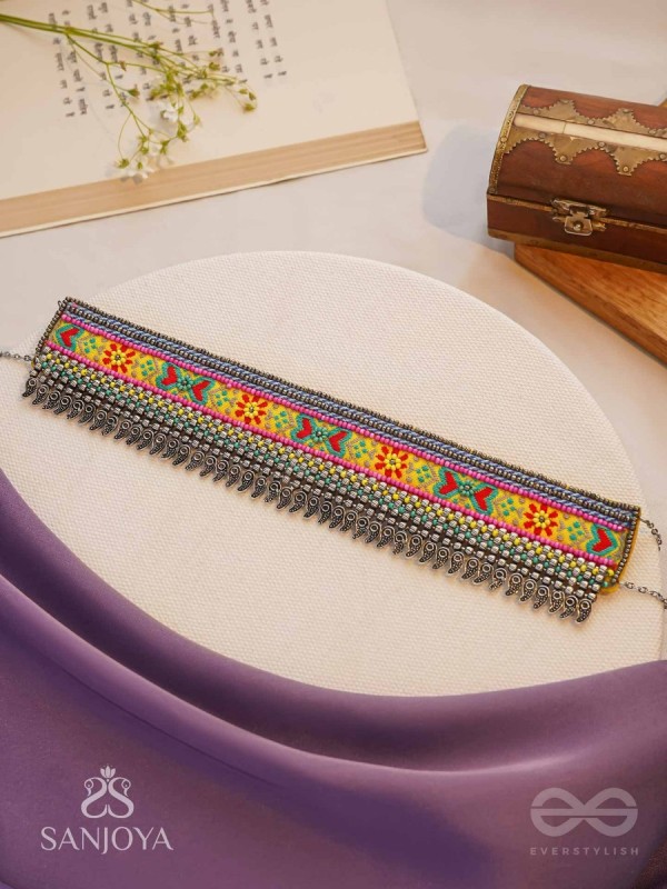 Aatpavat - The Sunlit Field - Resham And Beads Hand Embroidered Oxidised Lace Choker Neckpiece