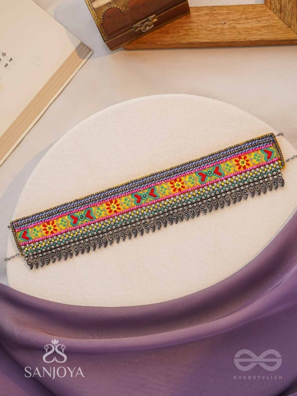 Aatpavat - The Sunlit Field - Resham And Beads Hand Embroidered Oxidised Lace Choker Neckpiece