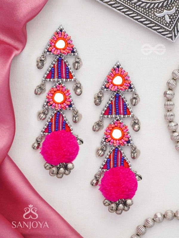 Ucchraya - The Melodic Treasures - Mirror, Resham And Beads Hand Embroidered Oxidised Earrings