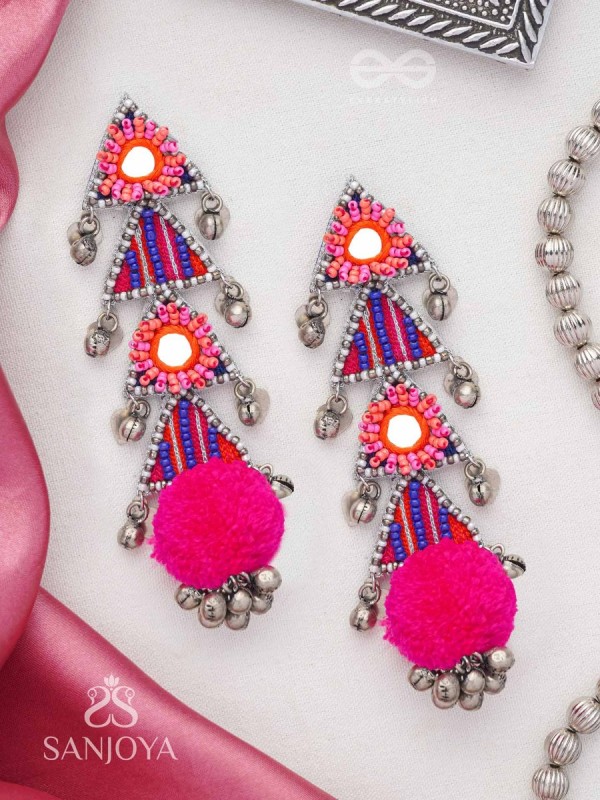 Ucchraya - The Melodic Treasures - Mirror, Resham And Beads Hand Embroidered Oxidised Earrings