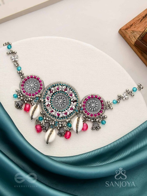 Akratu- The Wheels Of Liberty- Shells, Beads And Glass Drops Hand Embroidered Oxidised Choker Neckpiece