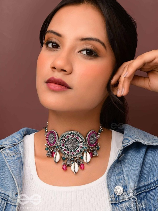 Akratu- The Wheels Of Liberty- Shells, Beads And Glass Drops Hand Embroidered Oxidised Choker Neckpiece