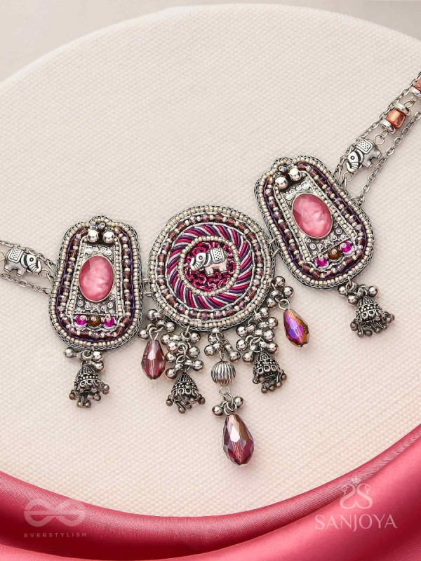 Jagatparayan - The Fuchsia Galaxy- Stones, Beads And Glass Drops Hand Embroidered Choker Neckpiece