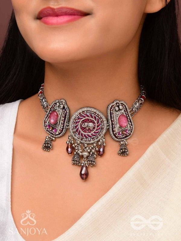 Jagatparayan - The Fuchsia Galaxy- Stones, Beads And Glass Drops Hand Embroidered Choker Neckpiece