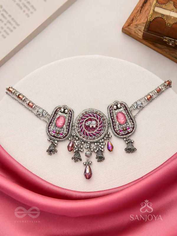 Jagatparayan - The Fuchsia Galaxy- Stones, Beads And Glass Drops Hand Embroidered Choker Neckpiece