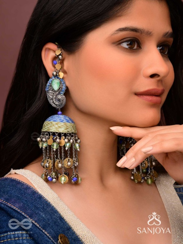 Anugita - Song Of The Sky - Stone, Coins And Beads Hand Embroidered Oxidised Earrings