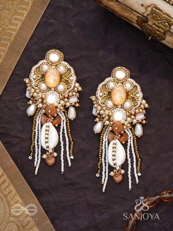 Aadhararoop - Ornament Of Enchantress- Shells, Beads And Pearl Drops Hand Embroidered Earrings
