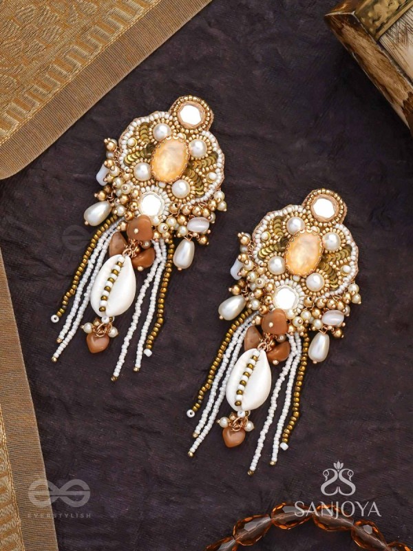 Aadhararoop - Ornament Of Enchantress- Shells, Beads And Pearl Drops Hand Embroidered Earrings