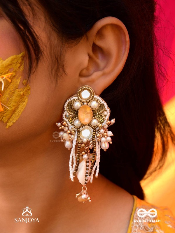 Aadhararoop - Ornament Of Enchantress- Shells, Beads And Pearl Drops Hand Embroidered Earrings