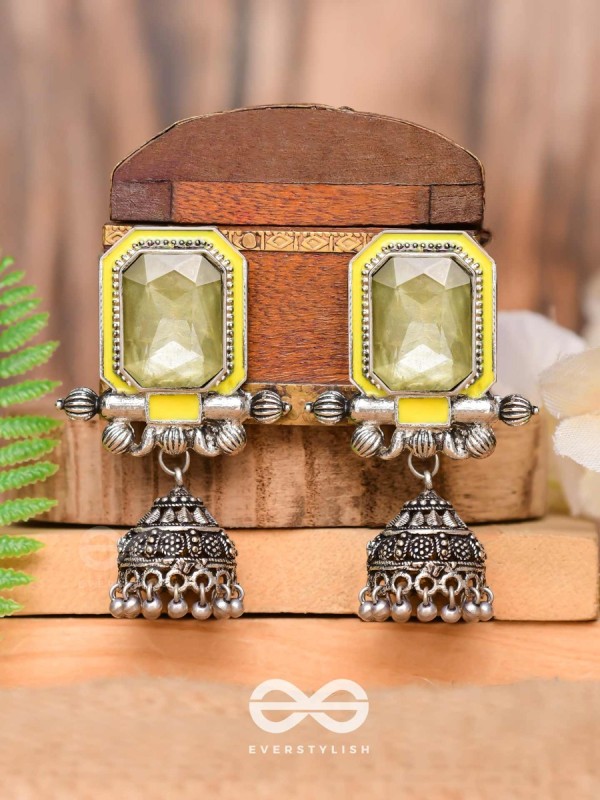The Green Dahlia - Enamelled Oxidised Jhumka Earrings
