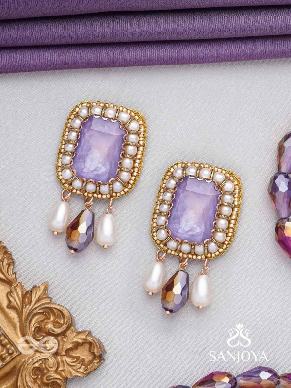 Dhumraruk - The Lavender Love- Stone, Beads, Glass And Pearl Drops Hand Embroidered Earrings
