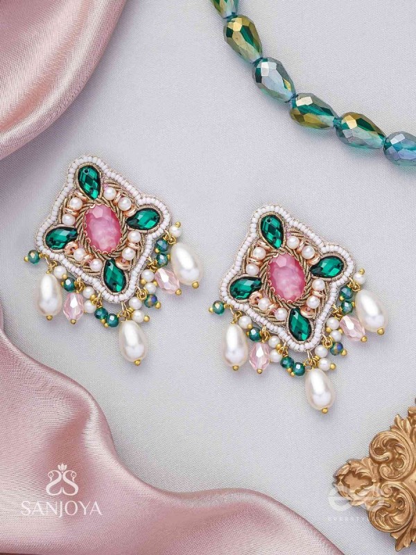 Abhivars - The Early Blossoms - Beads, Pearls And Stone Hand Embroidered Earrings