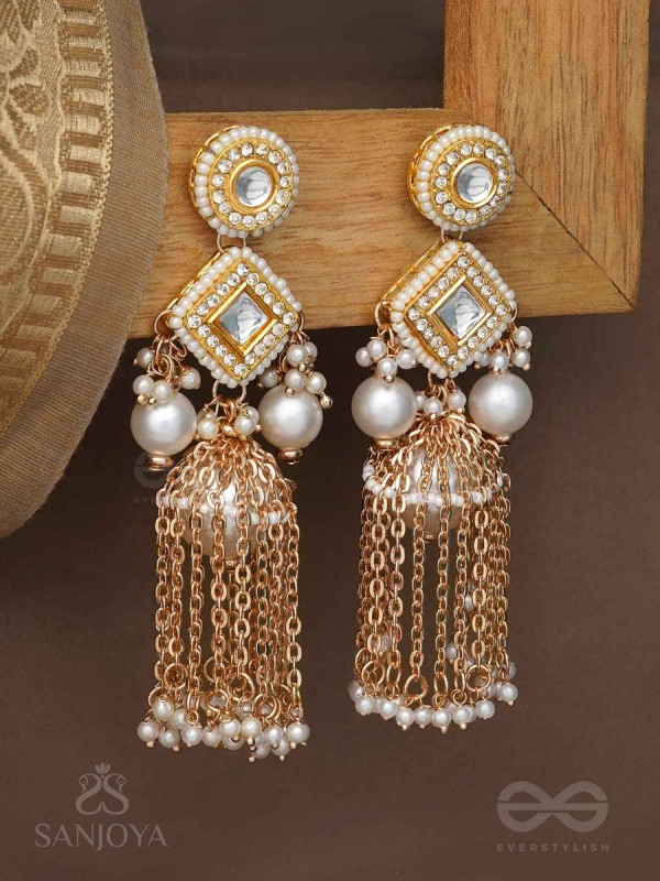 Tolaka - Seashell Mirage - Beads, Kundan And Polki Finished Hand Embroidered Earrings
