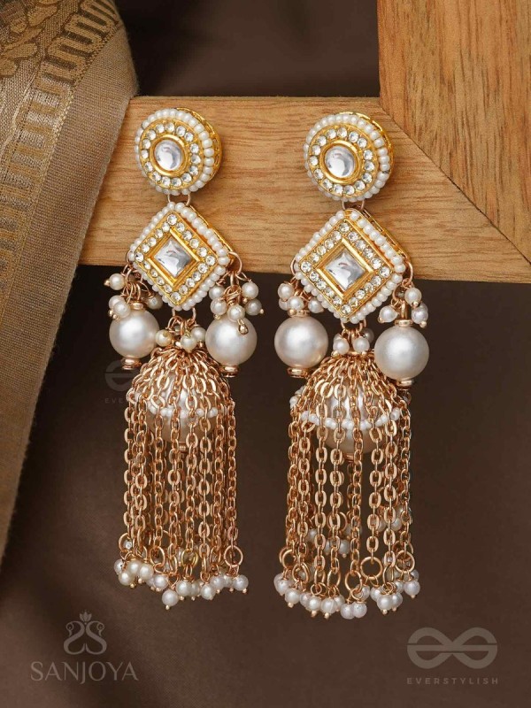 Tolaka - Seashell Mirage - Beads, Kundan And Polki Finished Hand Embroidered Earrings