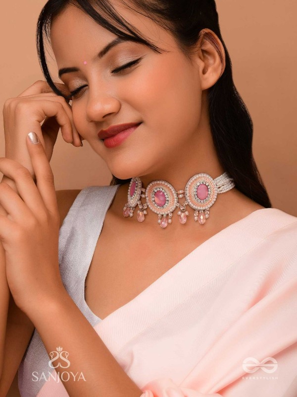 Nishru - Life In Spring - Stones, Glass Drops And Beads Hand Embroidered Neckpiece