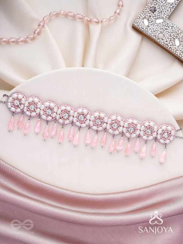 Aravindini - The Love Rose - Stone, Beads And Glass Drops Hand Embroidered Neckpiece