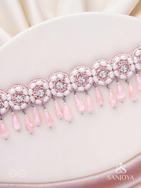 Aravindini - The Love Rose - Stone, Beads And Glass Drops Hand Embroidered Neckpiece