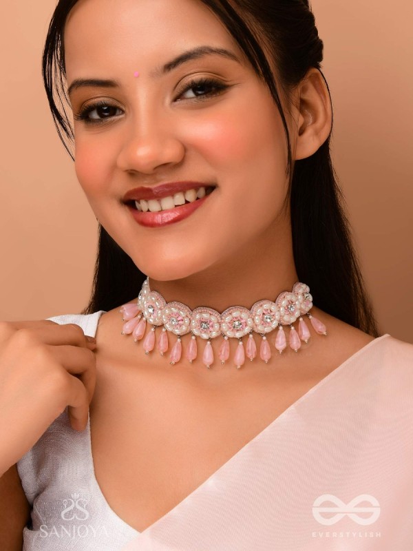 Aravindini - The Love Rose - Stone, Beads And Glass Drops Hand Embroidered Neckpiece