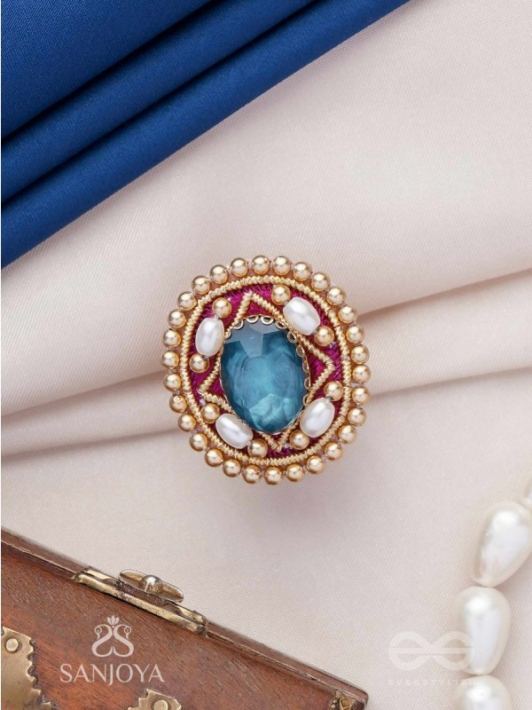 Vaibhraja - Stellar Shimmer - Stone And Beads Hand Embroidered Ring (Adjustable)