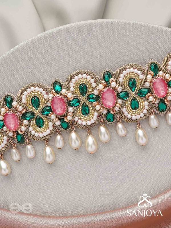 Nalikini - The Emerald Bloom - Stone, Beads And Pearl Drops Hand Embroidered Neckpiece