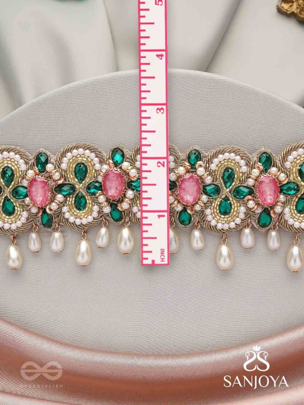 Nalikini - The Emerald Bloom - Stone, Beads And Pearl Drops Hand Embroidered Neckpiece