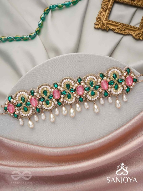 Nalikini - The Emerald Bloom - Stone, Beads And Pearl Drops Hand Embroidered Neckpiece