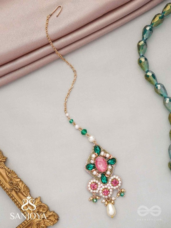 Tamravarna - The Paradise Petals - Stone, Beads And Pearls Hand Embroidered Maangtika