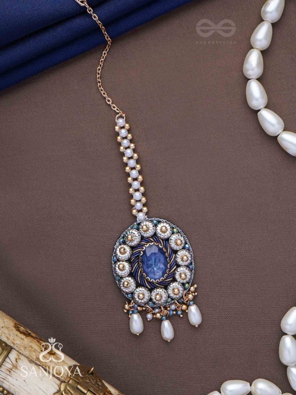 Adhilokam- The Neptune Goddess- Stone, Beads And Pearl Drops Hand Embroidered Maangtika