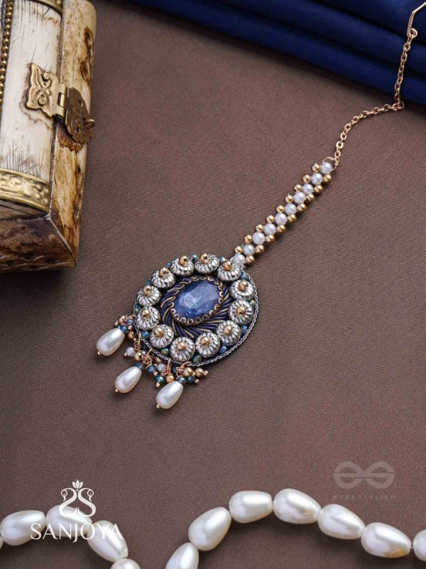 Adhilokam- The Neptune Goddess- Stone, Beads And Pearl Drops Hand Embroidered Maangtika