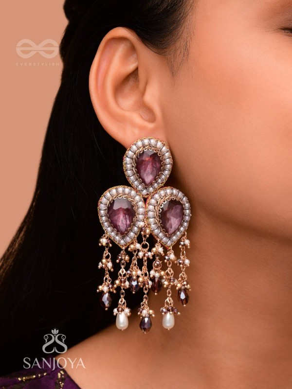 Anukrus - The Rosy Rain - Stone And Beads Hand Embroidered Earrings