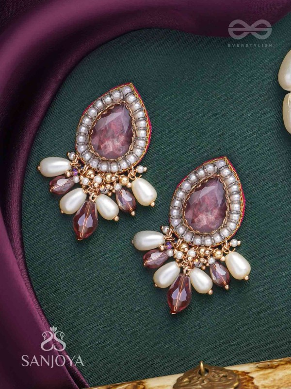 Atyala - The Rosy Raindrop - Stone, Beads And Glass Drop Hand Embroidered Earrings