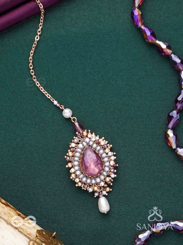 Asyama - The Violet Veil - Beads, Pearl And Stone Hand Embroidered Maangtika 
