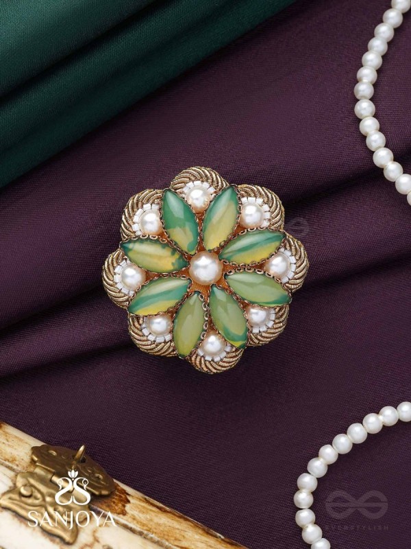 Pratika - The Oasis Blossom - Stone And Pearls Hand Embroidered Ring (Adjustable)