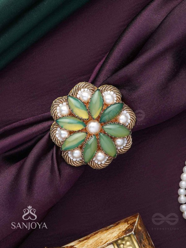Pratika - The Oasis Blossom - Stone And Pearls Hand Embroidered Ring (Adjustable)