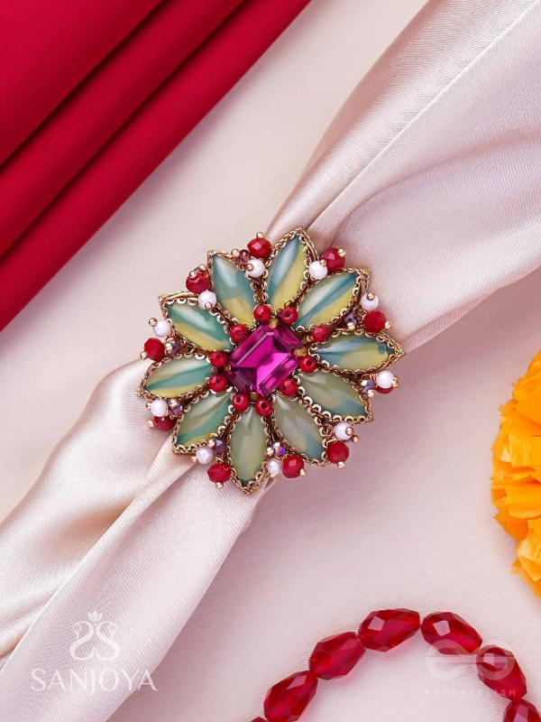 Ardramanjari - The Fresh Bloom - Stones And Beads Hand Embroidered Ring (Adjustable)