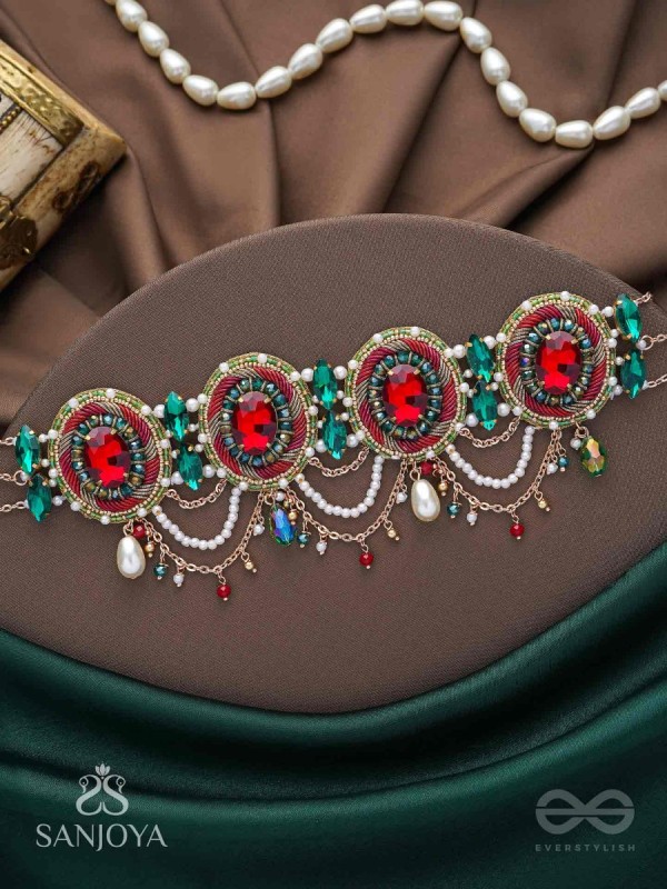Upakarana - Royal Ruby Rainfall - Stone, Beads And Glass Drops Hand Embroidered  Choker Neckpiece