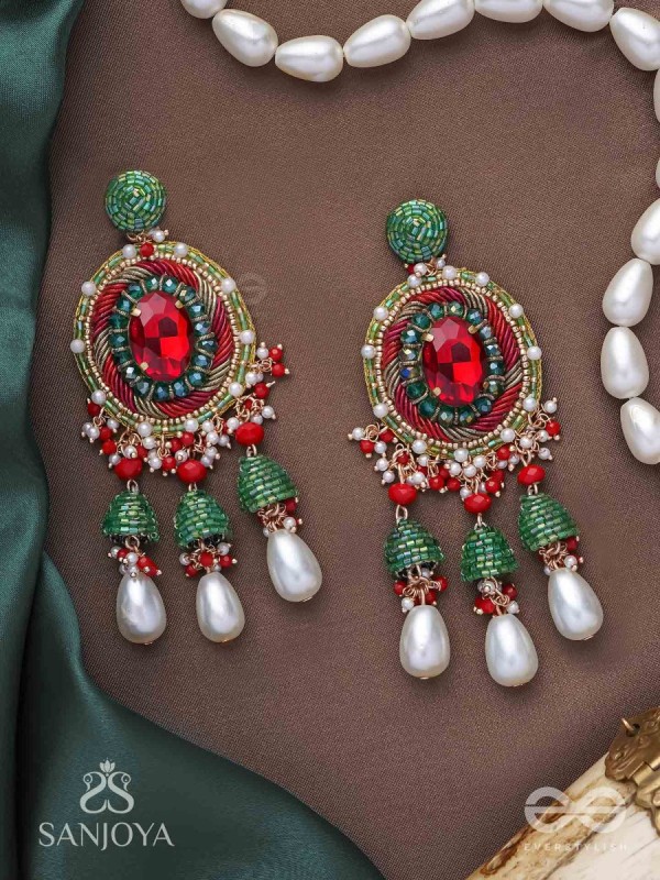 Aklishta - The Scarlet Splendor - Stone, Cutdana And Beads Hand Embroidered Earrings
